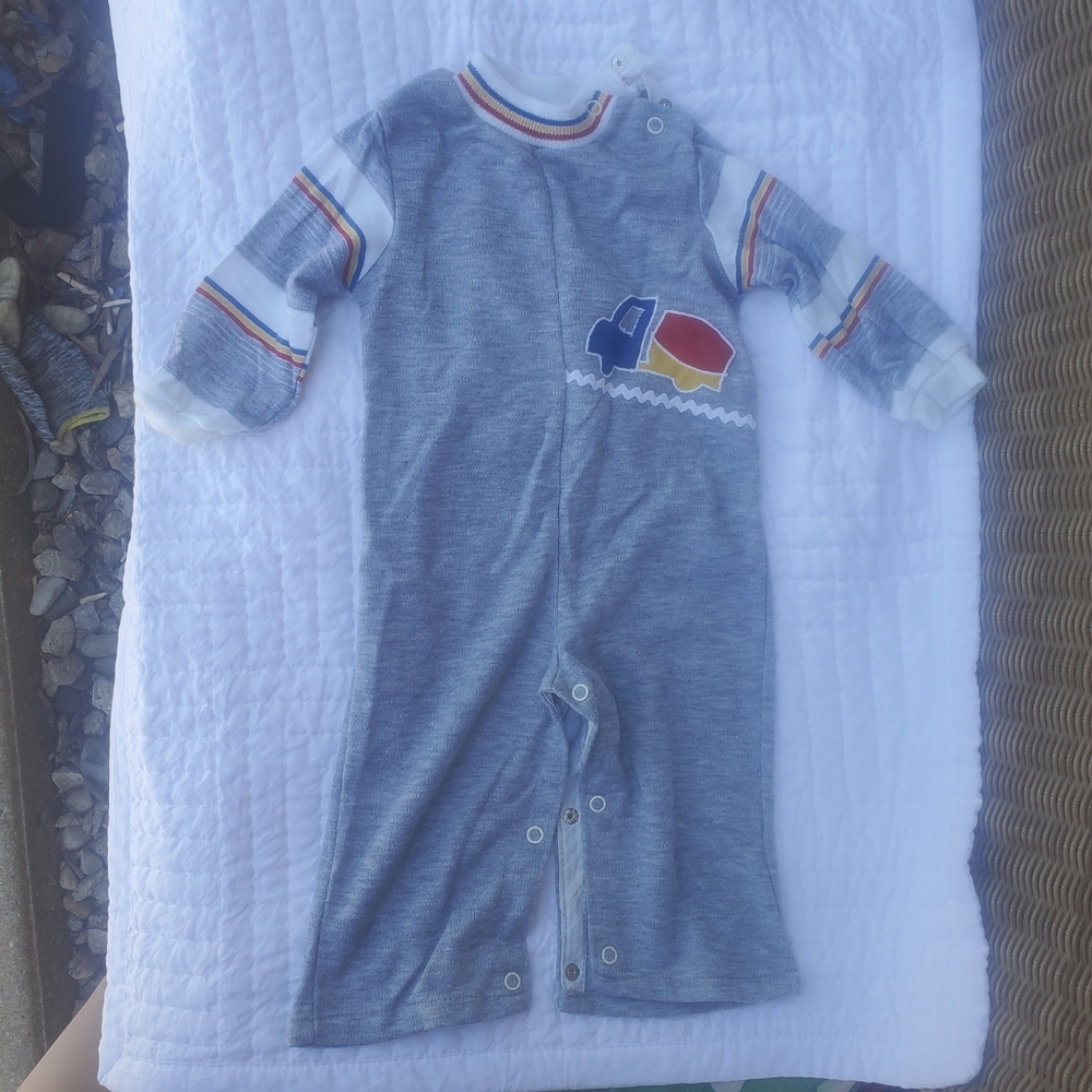 VTG 90s Gray Baby Romper with Colorful Truck Patch